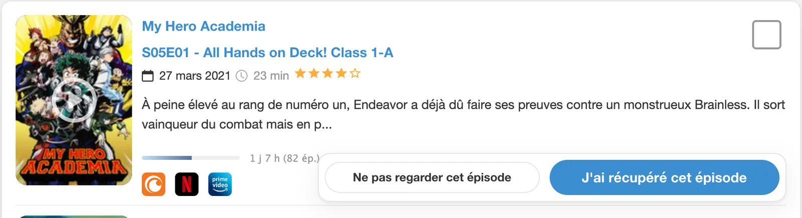 Menu d'un épisode sur la page Épisodes à regarder