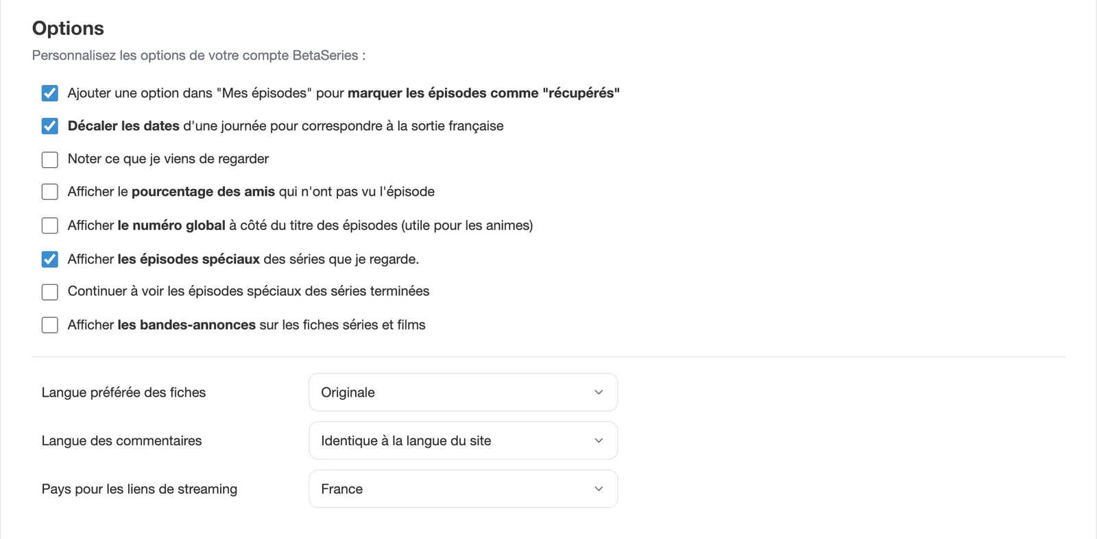 Section Options de la configuration du compte