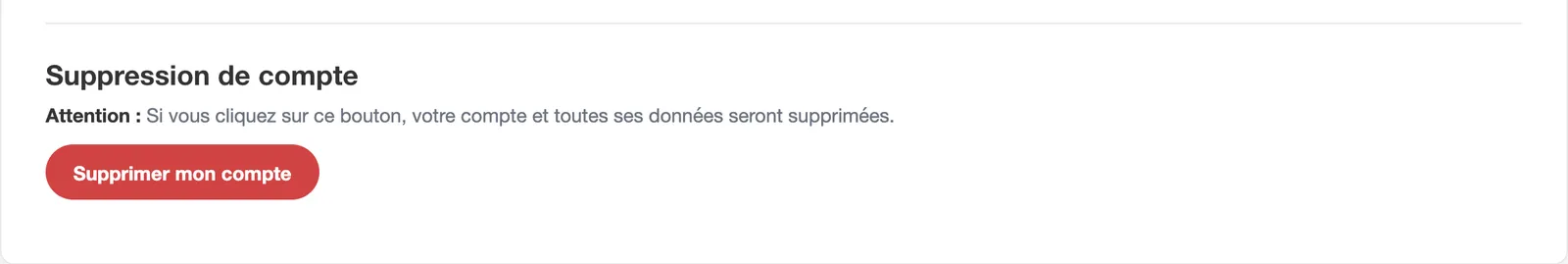 Rubrique Suppression de compte
