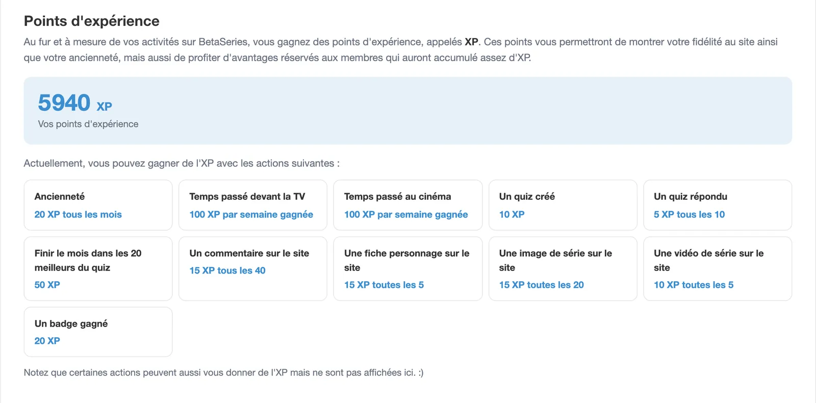 Page Points d'expérience