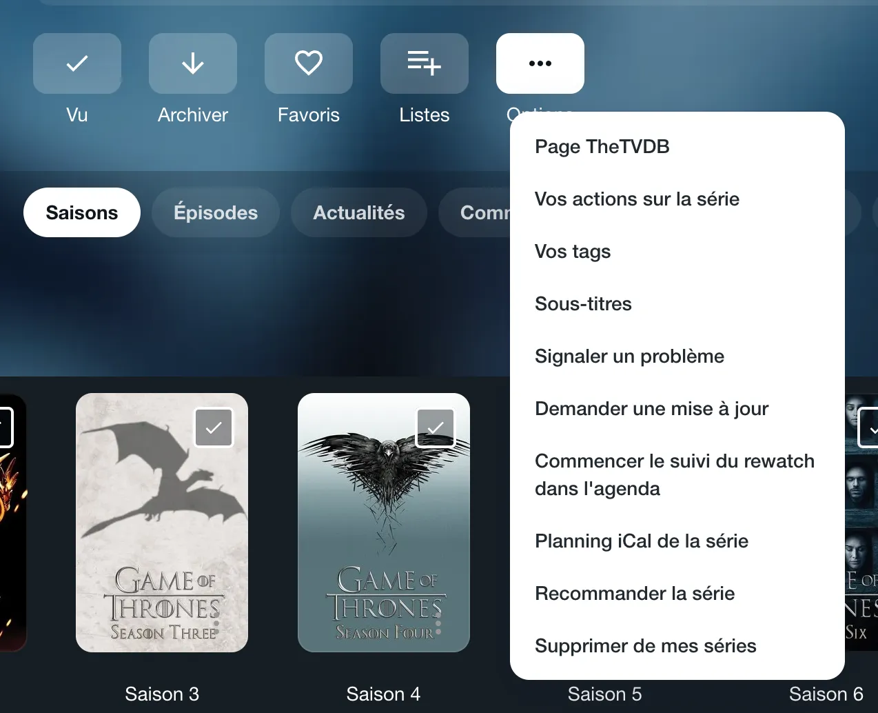 Menu Options d'une fiche série
